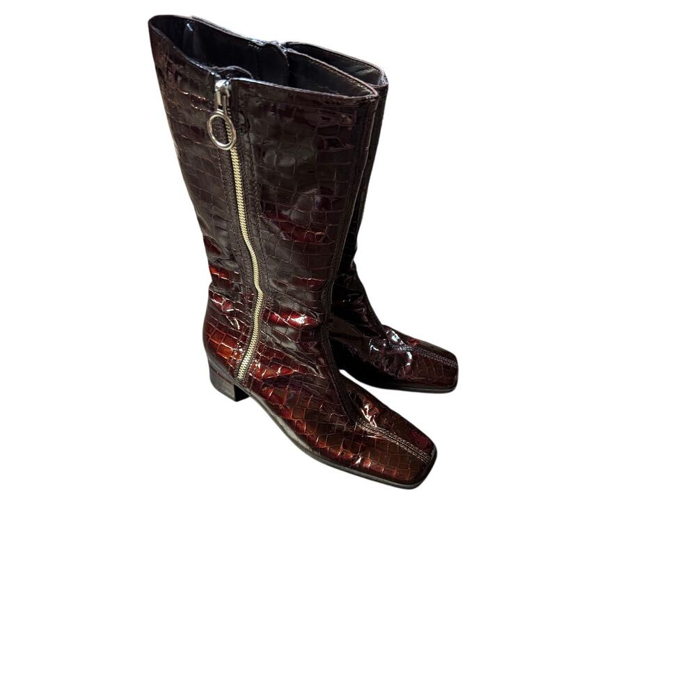 Aquatalia Croc Embossed Patent Leather Square Toe Mid Calf Boots
